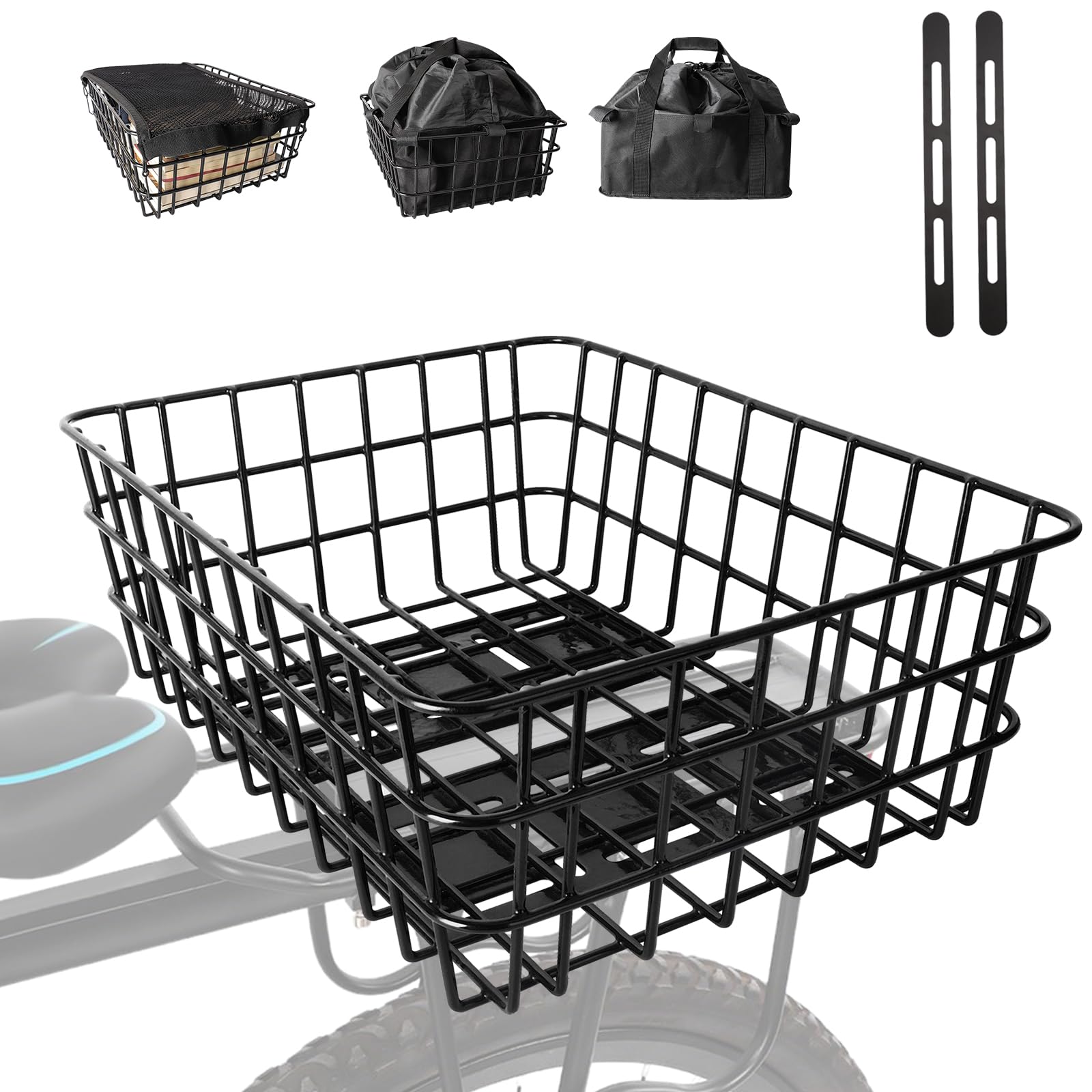 Bike Basket Rear, Bicycle Basket with Liner,Waterproof Cover,Cargo Net, Large Bike Back Baskets, Heavy Duty Rear Bicycle Baskets for Most Bikes and