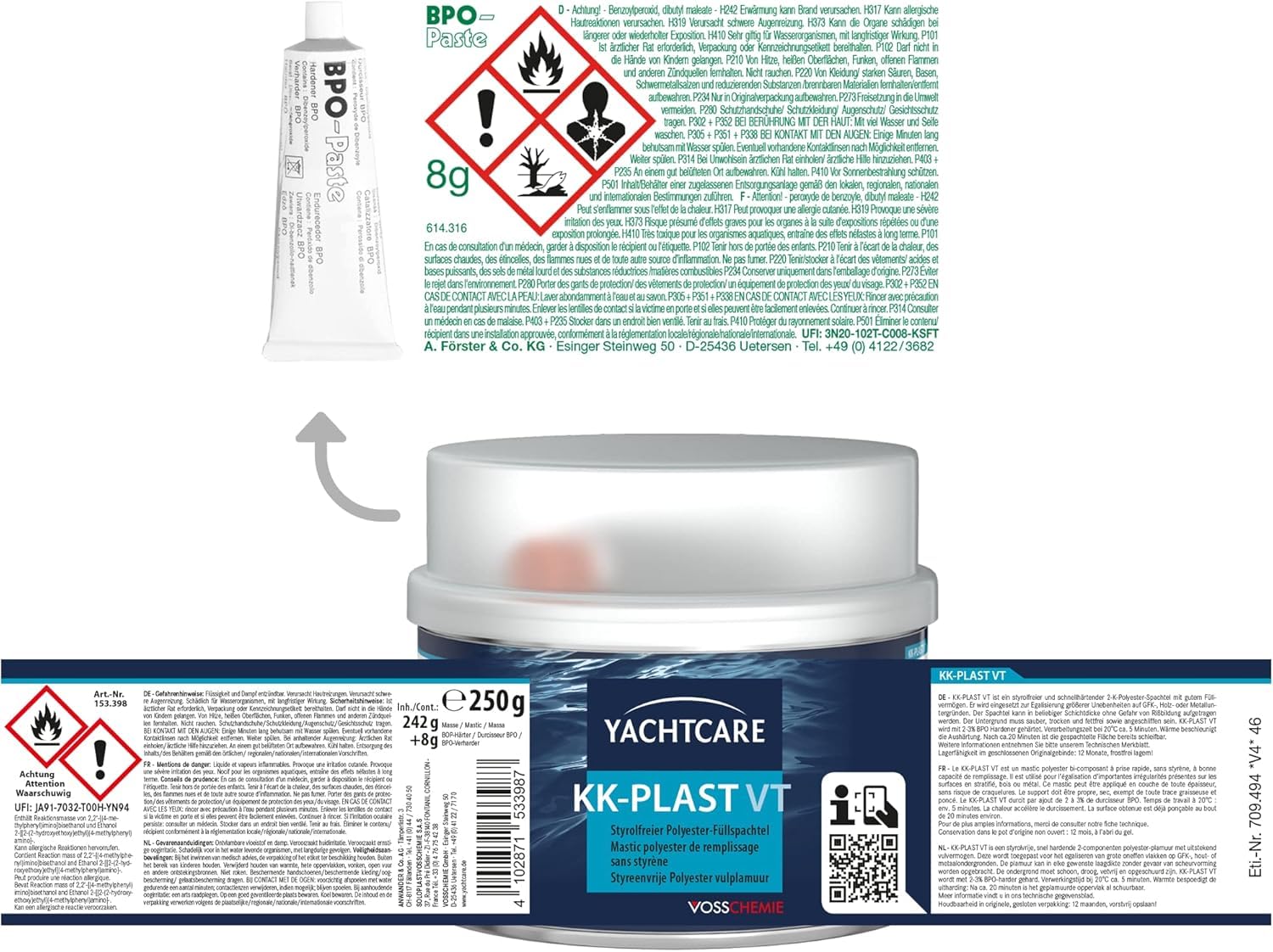 Yachtcare Szpachla poliestrowa 250 g, nie zawiera styrenu – 2K szpachla wypełniająca do samochodu, łodzi, metalu, drewna i włókna szklanego – niska kurczliwość się, szybkoschnąca i nadająca się do