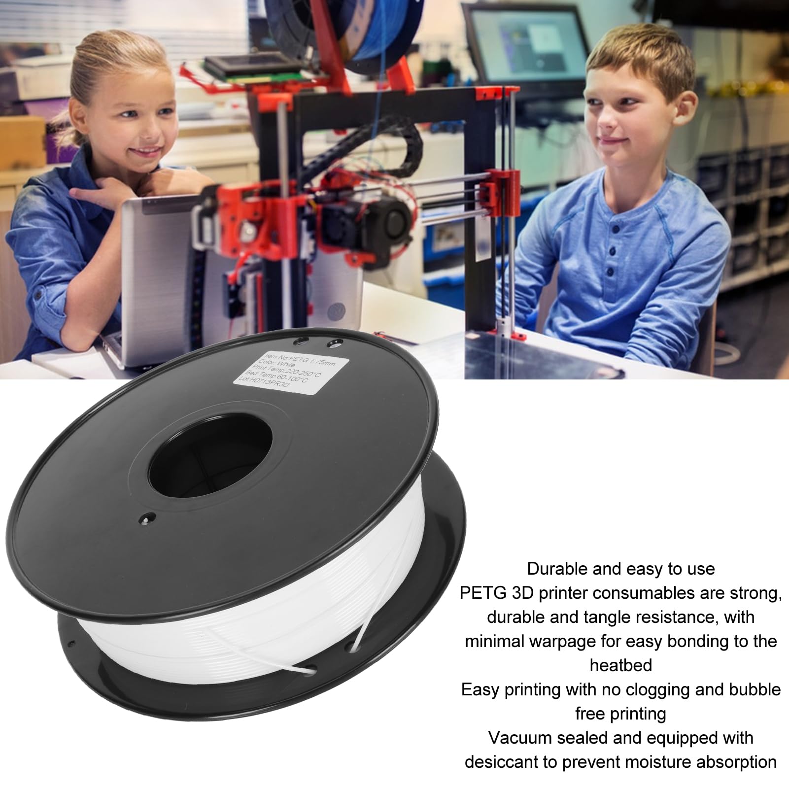 Ejoyous Filamento para Impresora 3D PETG 1.75mm, Precisión 0.02mm, (WHITE)