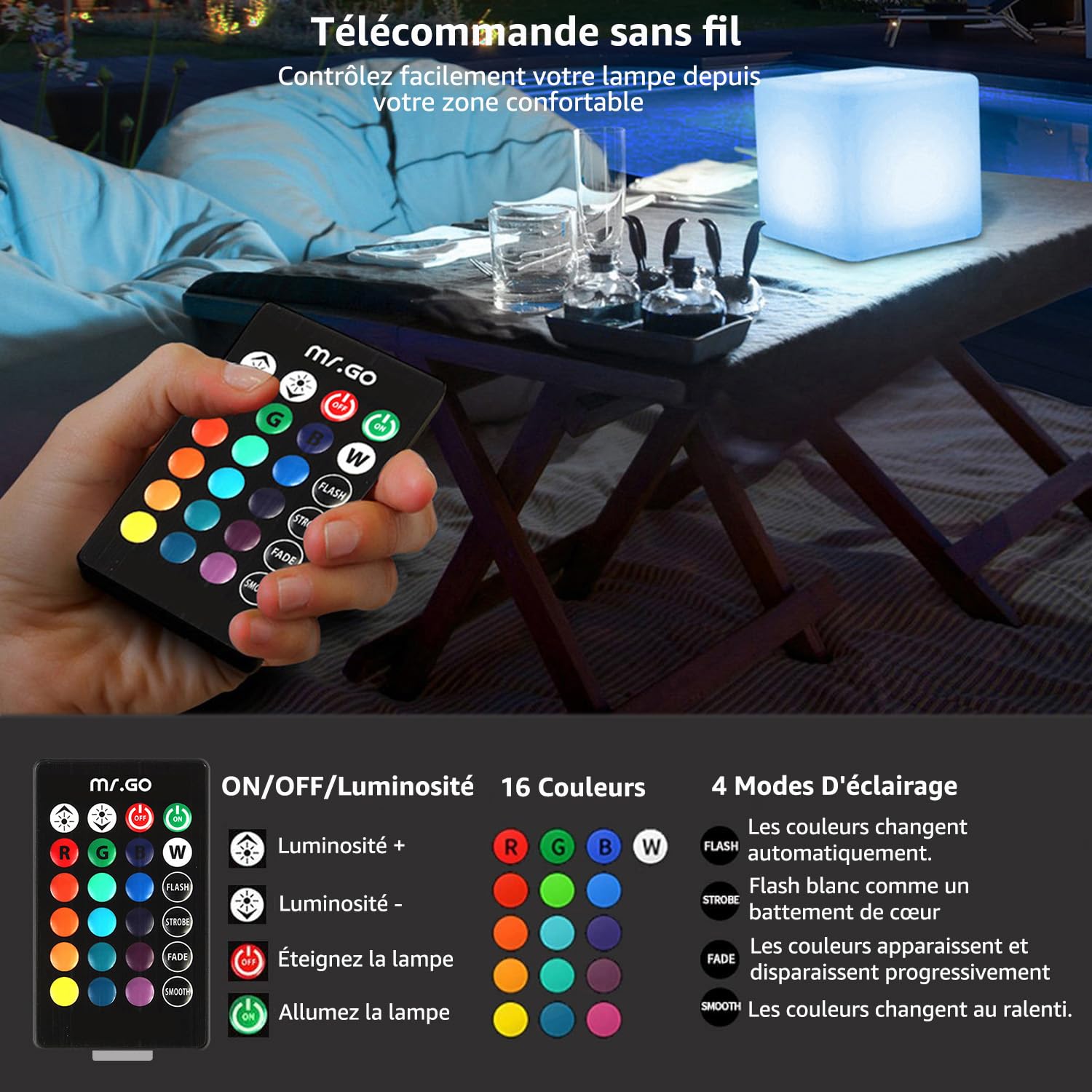 Sgabello Cubo LED 30x30 Cm - Luce RGB Con Telecomando, 16 Colori, Ricaricabile, Per Giardino E Feste