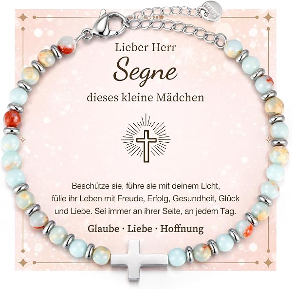 Kommunion Geschenke für Mädchen Kreuz Armband - Naturstein Armbänder mit Kreuz für Kinder Jugendlicher, Kinderarmband für Geburtstag Ostern Konfirmation Firmung Erstkommunion Geschenke für Mädchen