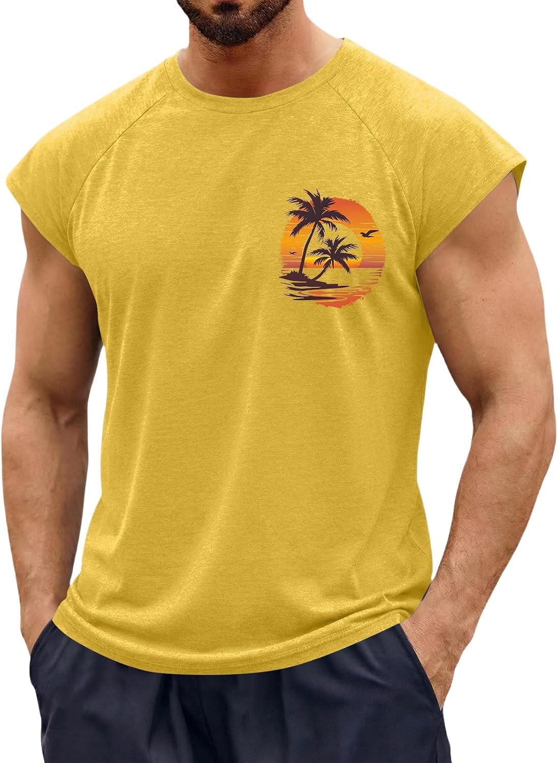 Graphic Tank Tops for Men Palm Tree Tanks Summer Rpund Neck Tee Mens Hawaiian Sleeveless T Shirts Beach Vacation Tops