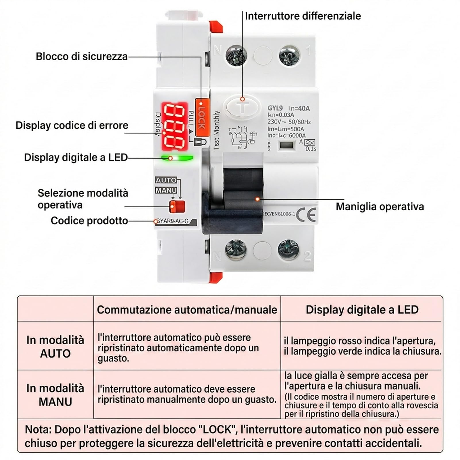40A Salvavita con riarmo automatico Interruttore differenziale a riarmo automatico Differenziale riarmo automatico RCCB tipo A con display 220V 2P riarmo automatico in modalità auto.