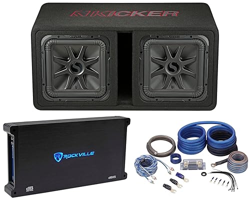 KICKER 45DL7R122 L7R 12" Subwoofers duales+paquete de subcaja ventilada con amplificador mono Rockville+kit de amplificador (3 artículos)