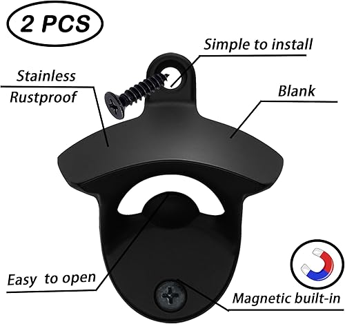 Miniatura 2 de Luwanburg Abridor de botellas de cerveza magnético negro montado en poste con imanes incrustados para atrapar la tapa de botella (paquete de 2)
