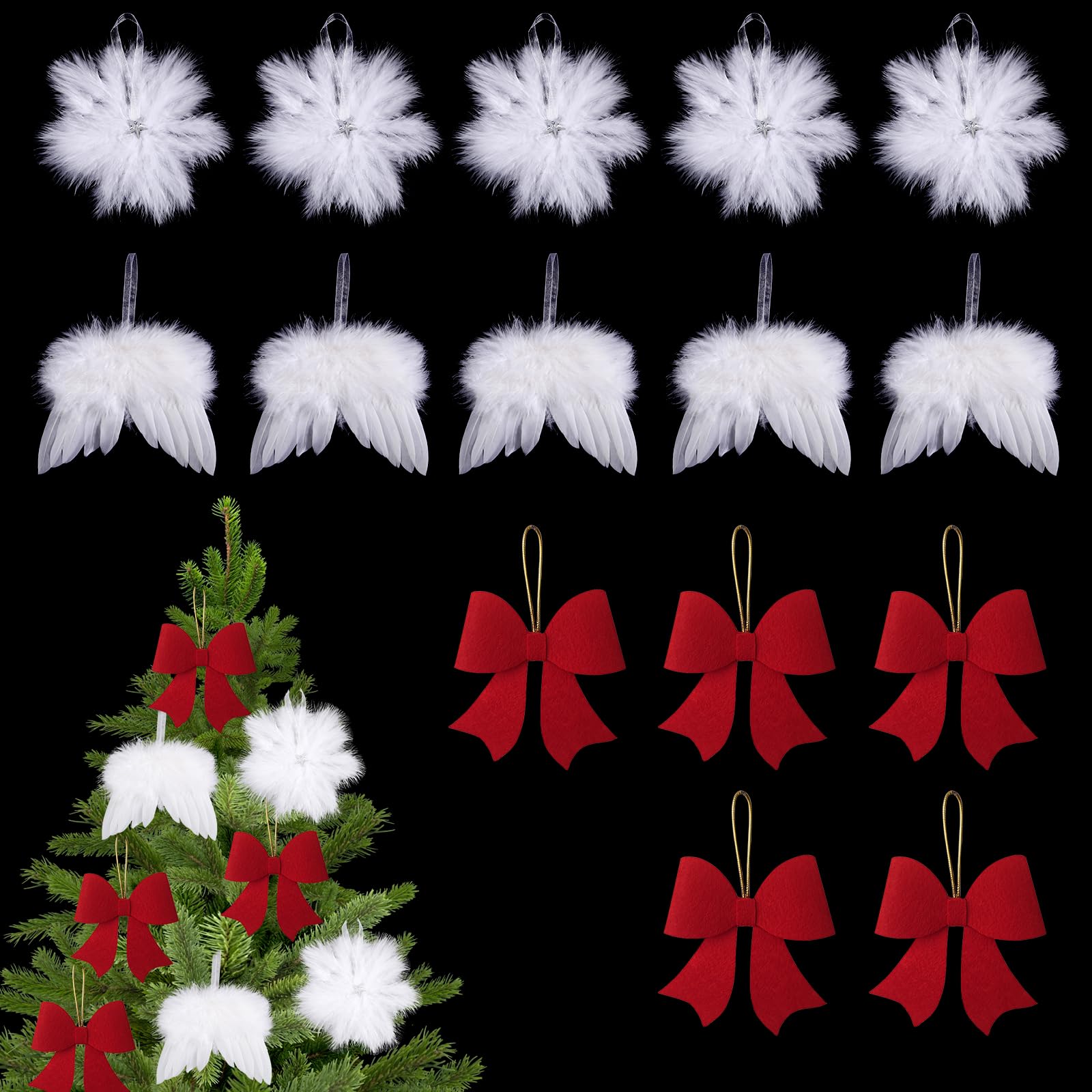 MIPIACE 10 Piezas Plumas Decoracion Navidad y 5 Lazos de Navidad Adornos Plumas Arbol Navidad Decoración de Plumas de árbol de Navidad Blanco para Colgar Árboles de Navidad Manualidades Navideñas