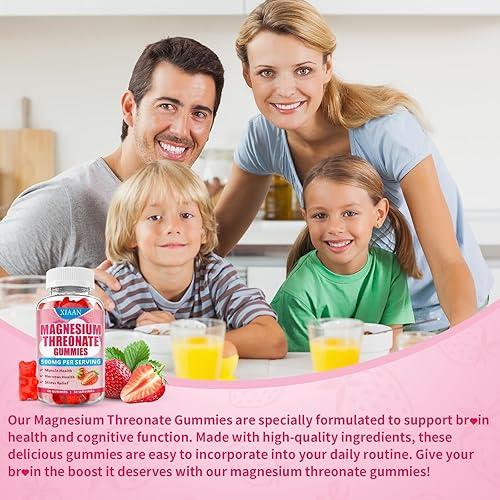 Miniatura 5 de Gomitas de magnesio L-treonato de 500 mg, suplemento de treonato de magnesio sin suagr para niños y adultos, apoyo para la salud muscular y