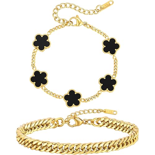 VNOX 2 PCS Floral Bracelets for Men Women -Womens Mens Stainless Steel Gold Cuban Chain Link Bracelet Lucky Charm Four Clover Flower Bracelets Trendy Jewelry Gifts