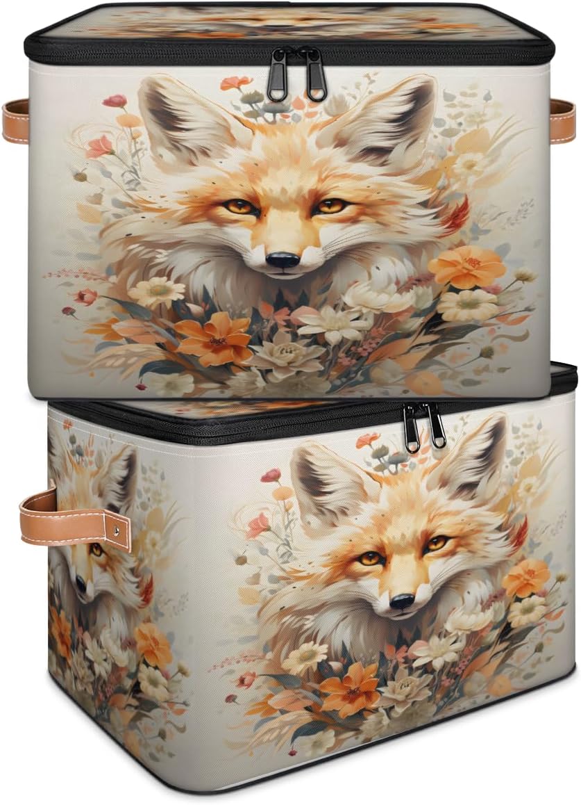 Storage Bin Set of 2 Flower Fox Storage Basket with Zipper Lid & Handle Foldable Closet Shelf 2 Pack Cloth Organizer Basket Cube Bins Clothes Organizer for Bedroom, Nursery