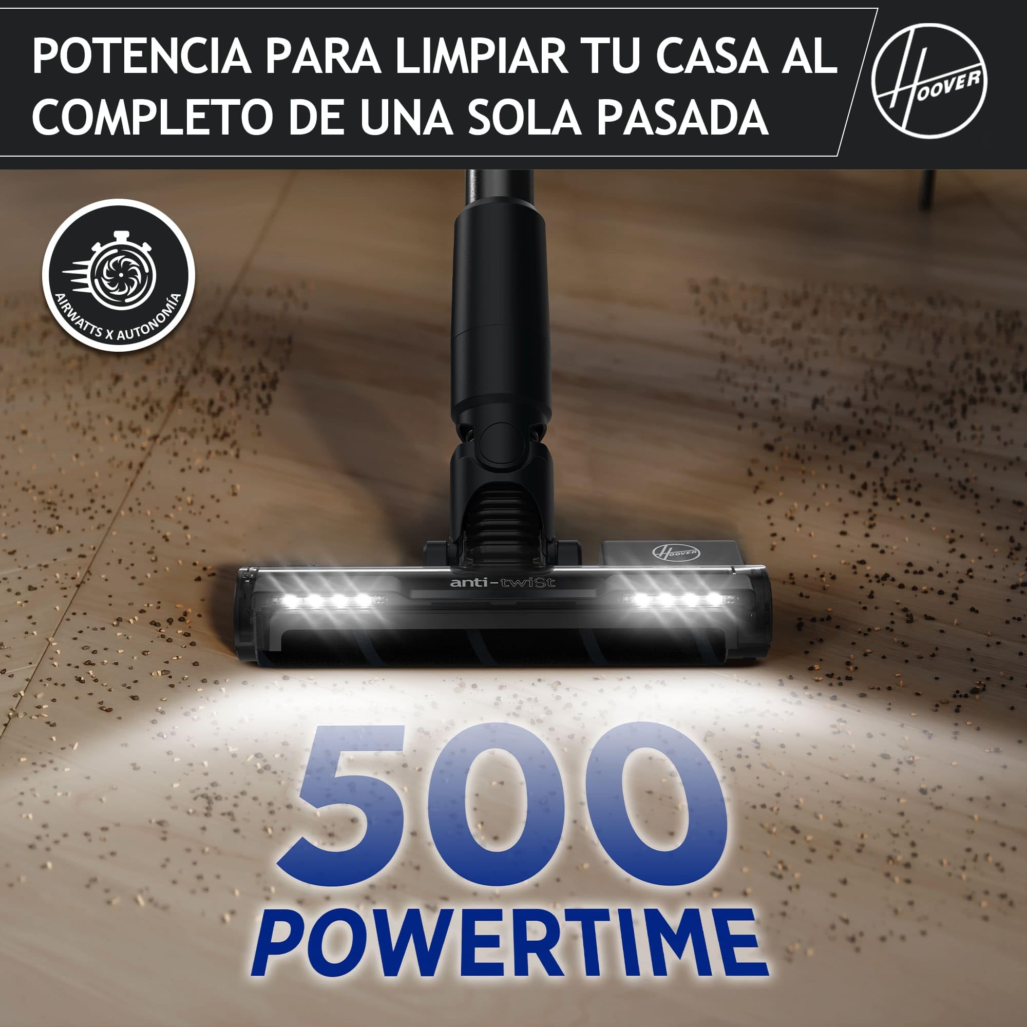Hoover Aspiradora Escoba Sin Cable Ultraligera, 500 POWERTIME, Compacta el Polvo para Aumentar la Potencia de succión, Cepillo para Suelos Duros, Anti-Enredos, Luces LED [HF2]