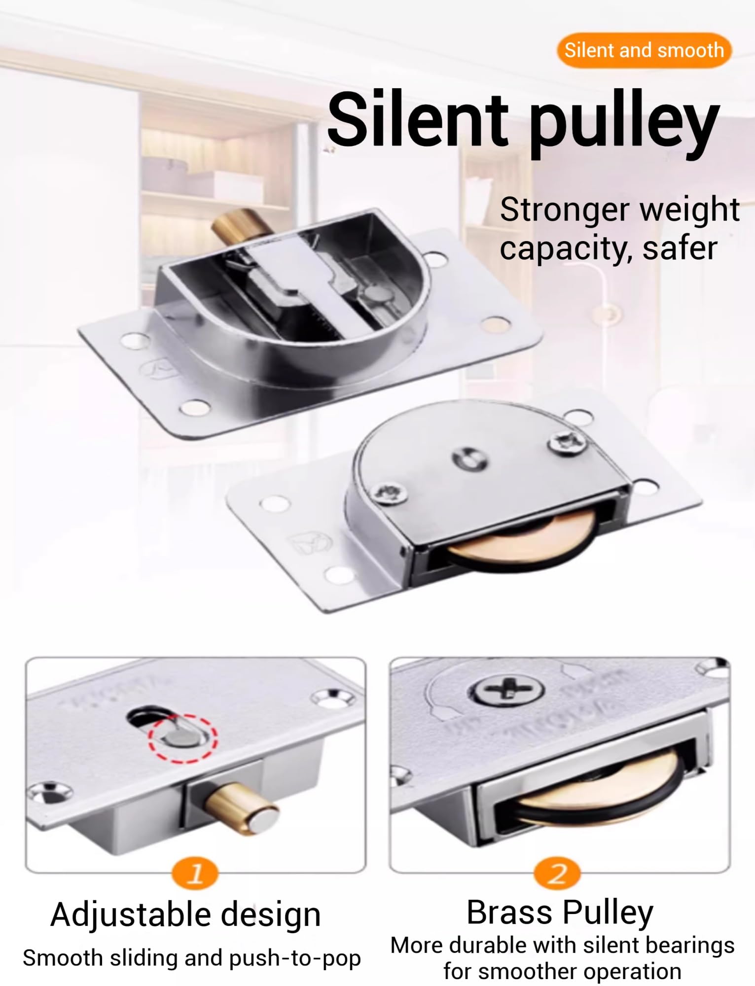 Aluminiowy zestaw prowadnic do drzwi przesuwnych z cichymi kółkami do szafki, spiżarni, 1 zestaw(1100mm)