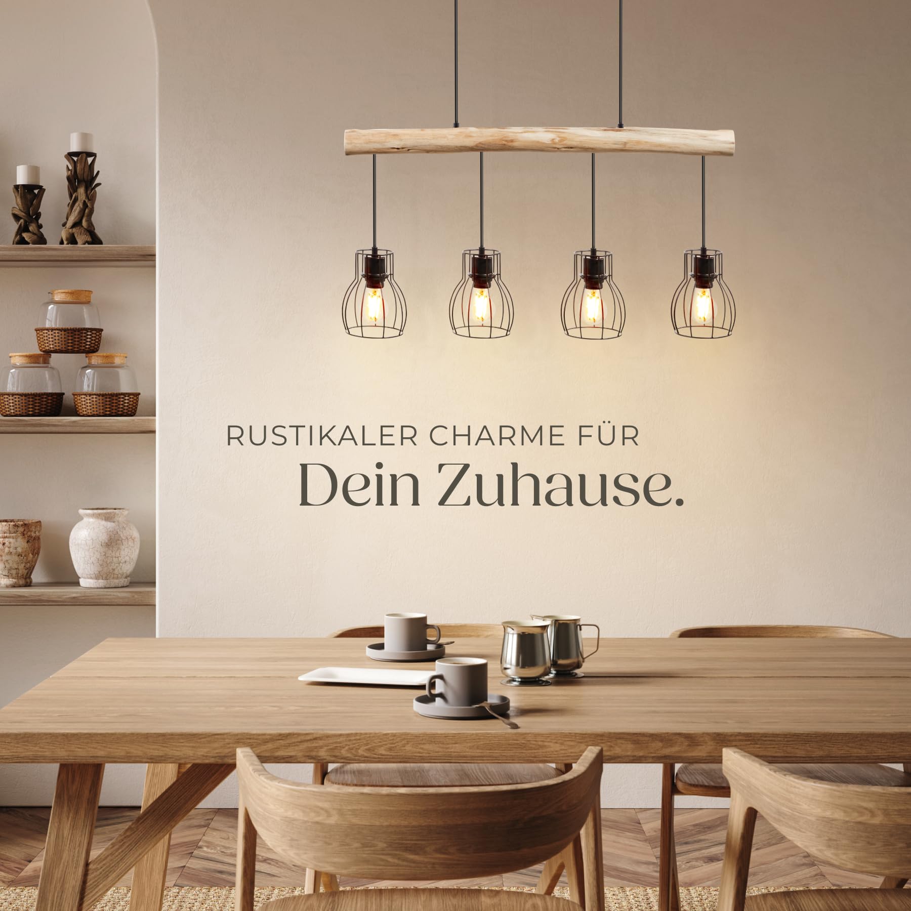 tectake® Pendelleuchte, Lampe hängend 4-flammig, Deckenlampe schwarz mit Holzbalken, Industrial Style Wohnzimmer, Esszimmer Lampe, Wohnzimmerlampe, Flurlampe, Hängelampe Esstisch