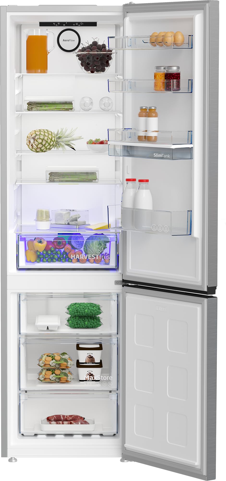 Beko B5RCNA406DHXB1 Kühl-/Gefrierkombination freistehend, 355 l Gesamtrauminhalt, 203,5 cm Höhe, No Frost & AeroFlow, Wasserspender mit Tank, ProSmart Inverter Kompressor, leise 35 dB, Edelstahl-Look