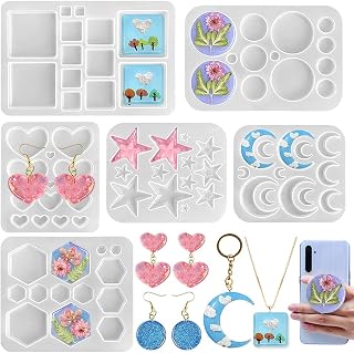 RESINWORLD Earrings Resin Molds, Stud Dangle Earrings Mold, Versatile Hexagon Round Crescent Moon Pentagram Heart Small Silicone Molds for Resin, Keychain Badge Reel Pendant Charm Jewelry Casting Mold