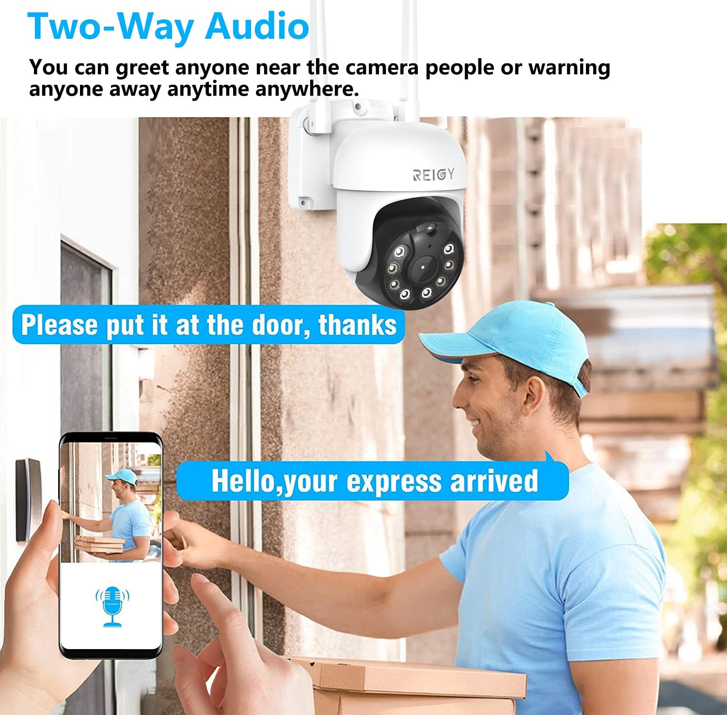 Illustration of two-way audio feature, showing a person speaking into a smartphone and another person near the camera hearing the message.
