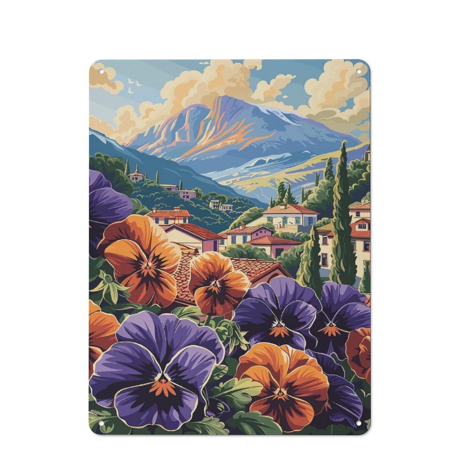 Junmoney Style-3 Mountain Village Flowers Warehouse Style Metal Wall Decor 40X30cm, Metal Wall Sign For Workspace, Cafe, Hallway Or Garage