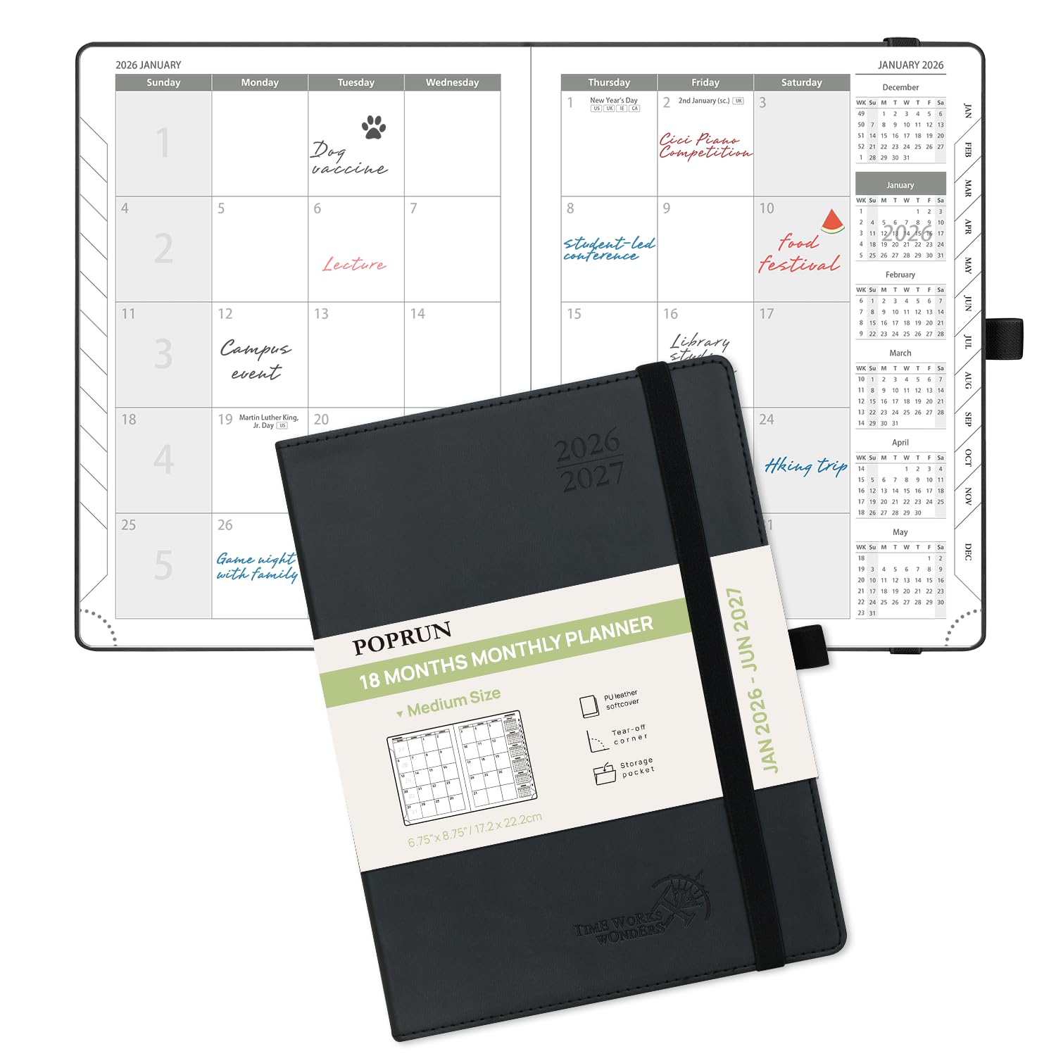 POPRUN Monthly Planner 2026-2027(Medium- 6.5'' x 8.5'' Soft Cover), 18-Month Calendar Planner (January 2026-June 2027), Agenda 2026 with Monthly Tabs & Calendar, 100 GSM Paper - Black