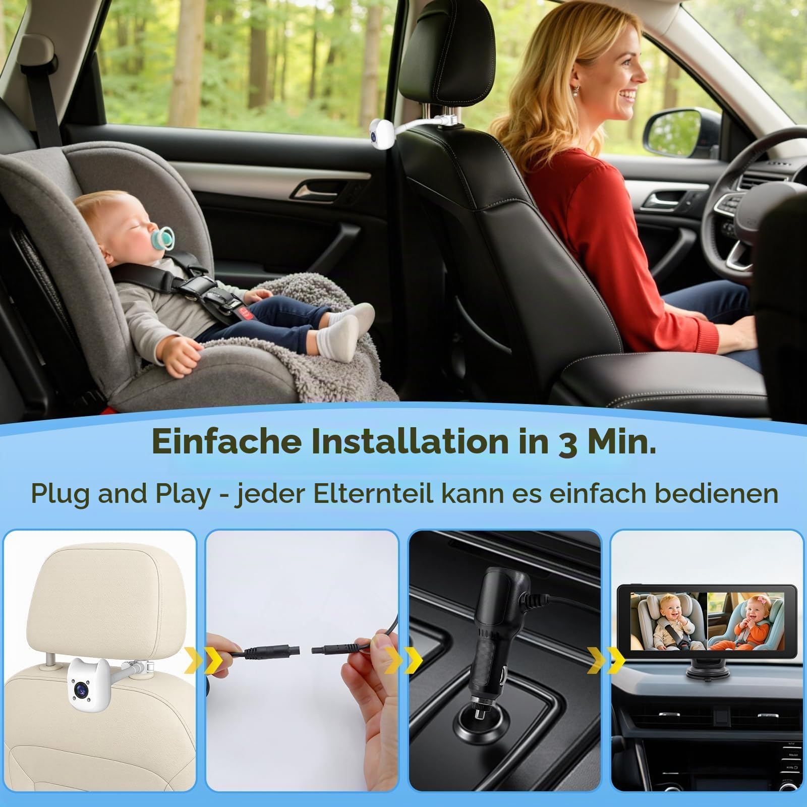 ELECROW Baby Auto Kamera 2 Kameras für Kindersitz, 6,86 Zoll Ultrawide Display USB Rücksitz Kamera Set, 1080P HD & IR Nachtsicht, einfache Installation, Babykamera für Auto Rücksitz