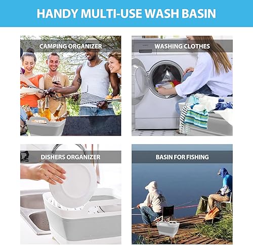 Miniatura 7 de Mezma - 2 bandejas para lavar platos 24 galones 9 L plegables con asas de transporte de tapón de drenaje lavabo de campamento lavabo plegable para