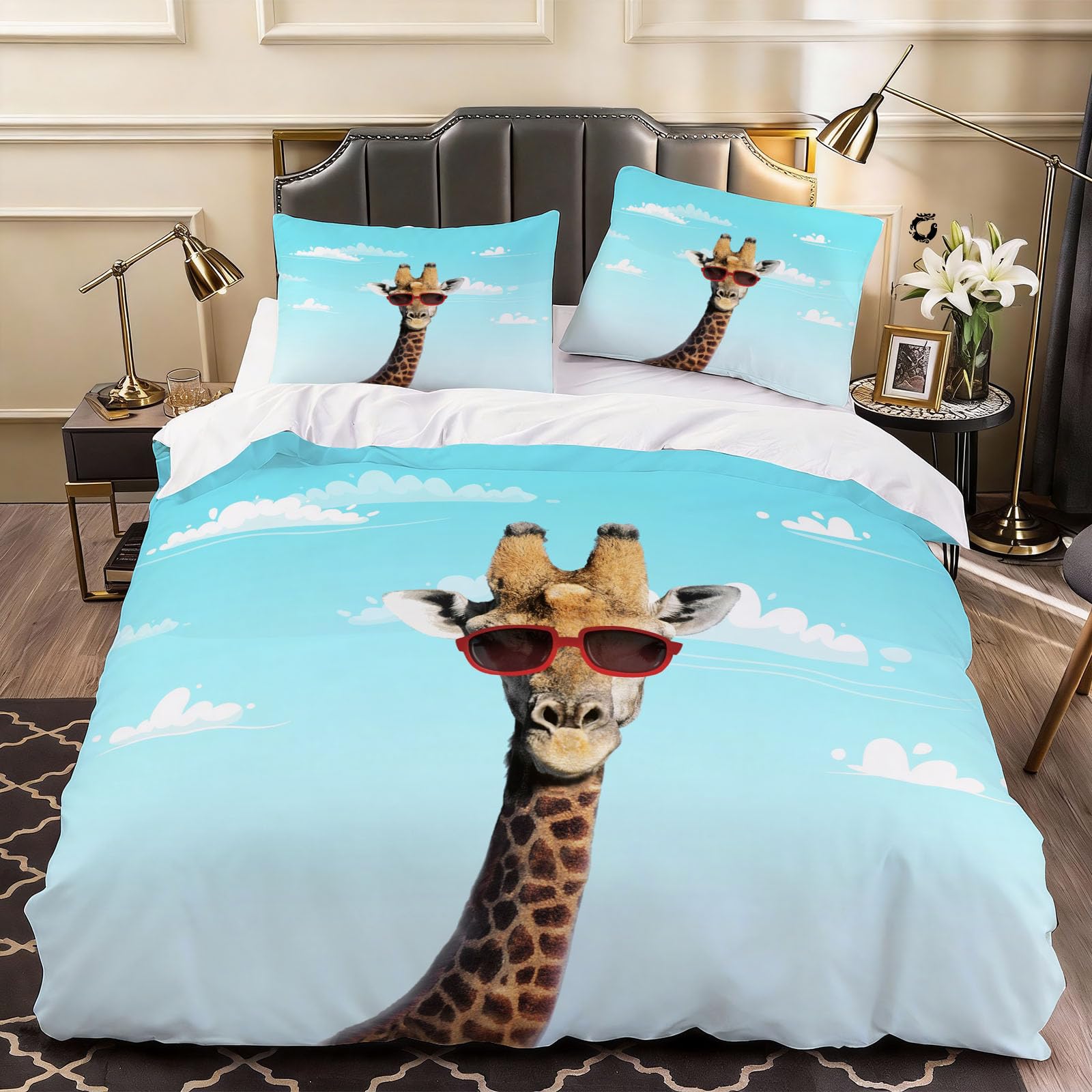 3D Giraffe Duvet Cover Wildlife Bedding Double Bed Set, Soft Microfiber Comforter Cover Printed with Zipper Closure Quilt Coverr 200x200 cm and 2 Pillowcases
