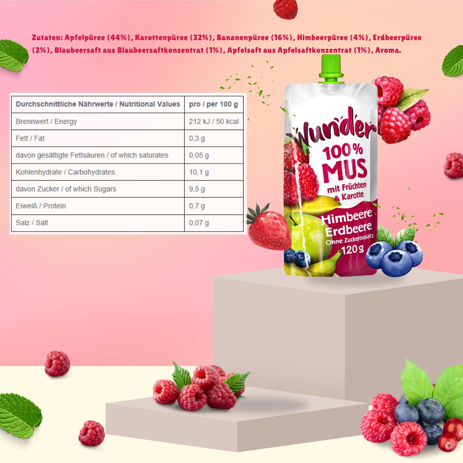 WUNDER Quetschie Mus 12 x 120g Himbeere, Erdbeere, Blaubeere mit Vitamin C, ohne Zuckerzusatz