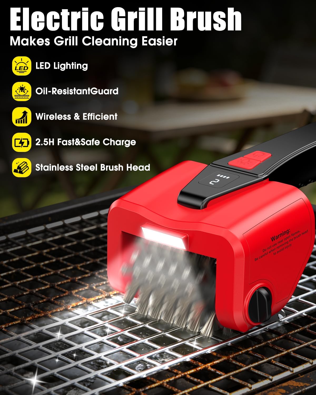 Grill Brush Electric-Grill-Cleaning-Brush-Outdoor-BBQ-Rotary-Grill-Brush-with Dual-Speed Motor,No Bristle Shedding Cordless Barbecue Cleaner Brush with LED Light,Safe Heavy Duty Grill Cleaning Tool