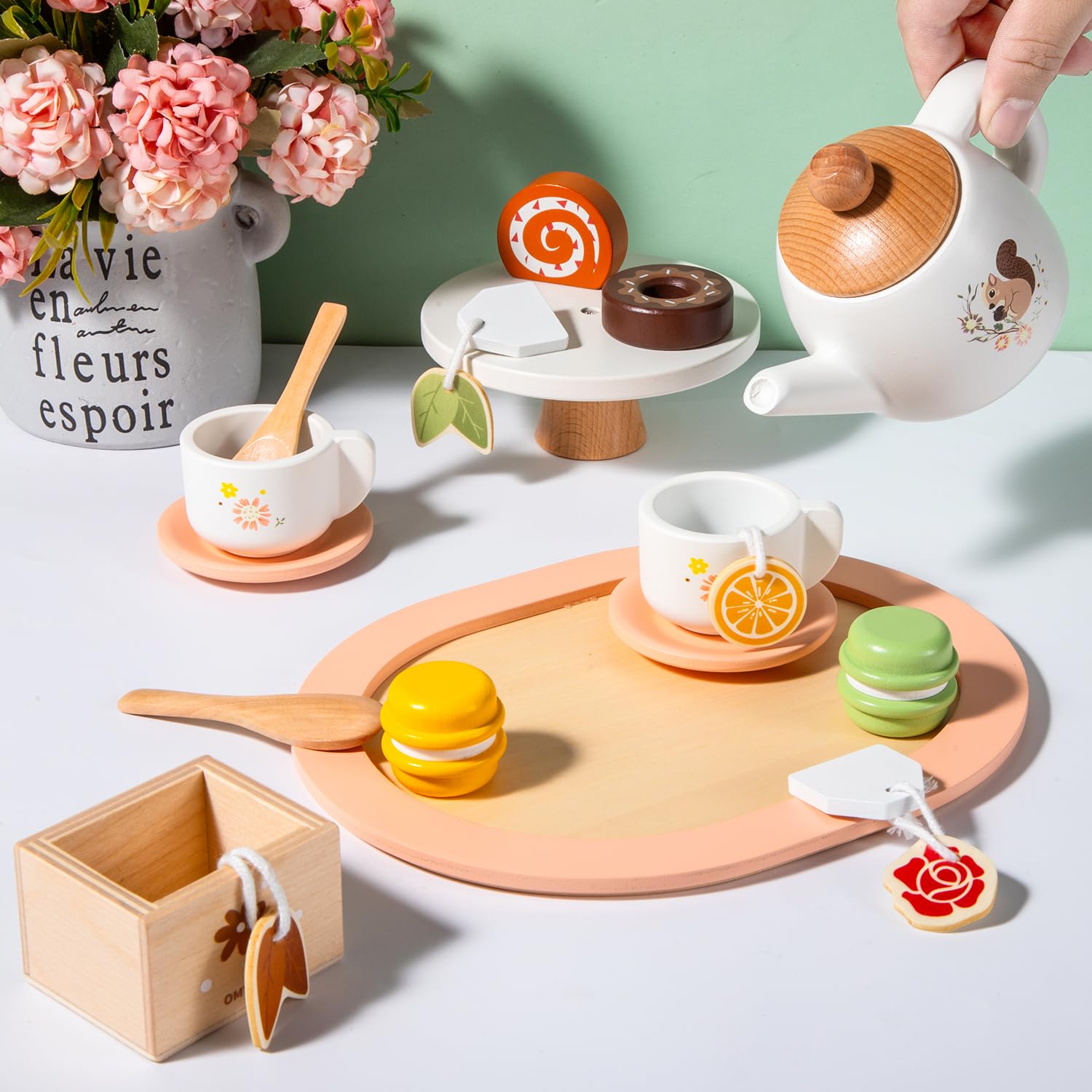 OMYBaby Wooden Tea Set for Little Girls, 19pcs Party Playset With Teapot, Cups, Dessert Stand, Macaroons, Cakes & Tray, Time Playset Pretend Play Kitchen Toys Gift for Girls & Toddlers 3Y+