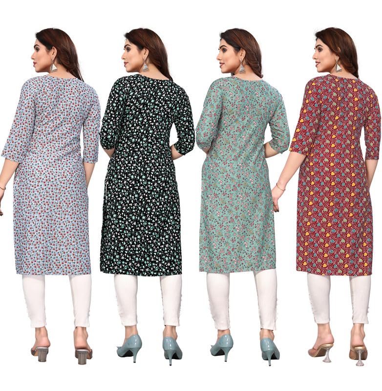 Image of JAKHANA Women's Crepe Printed Casual Straight Calf Length Round Nick Kurta Pack of 4