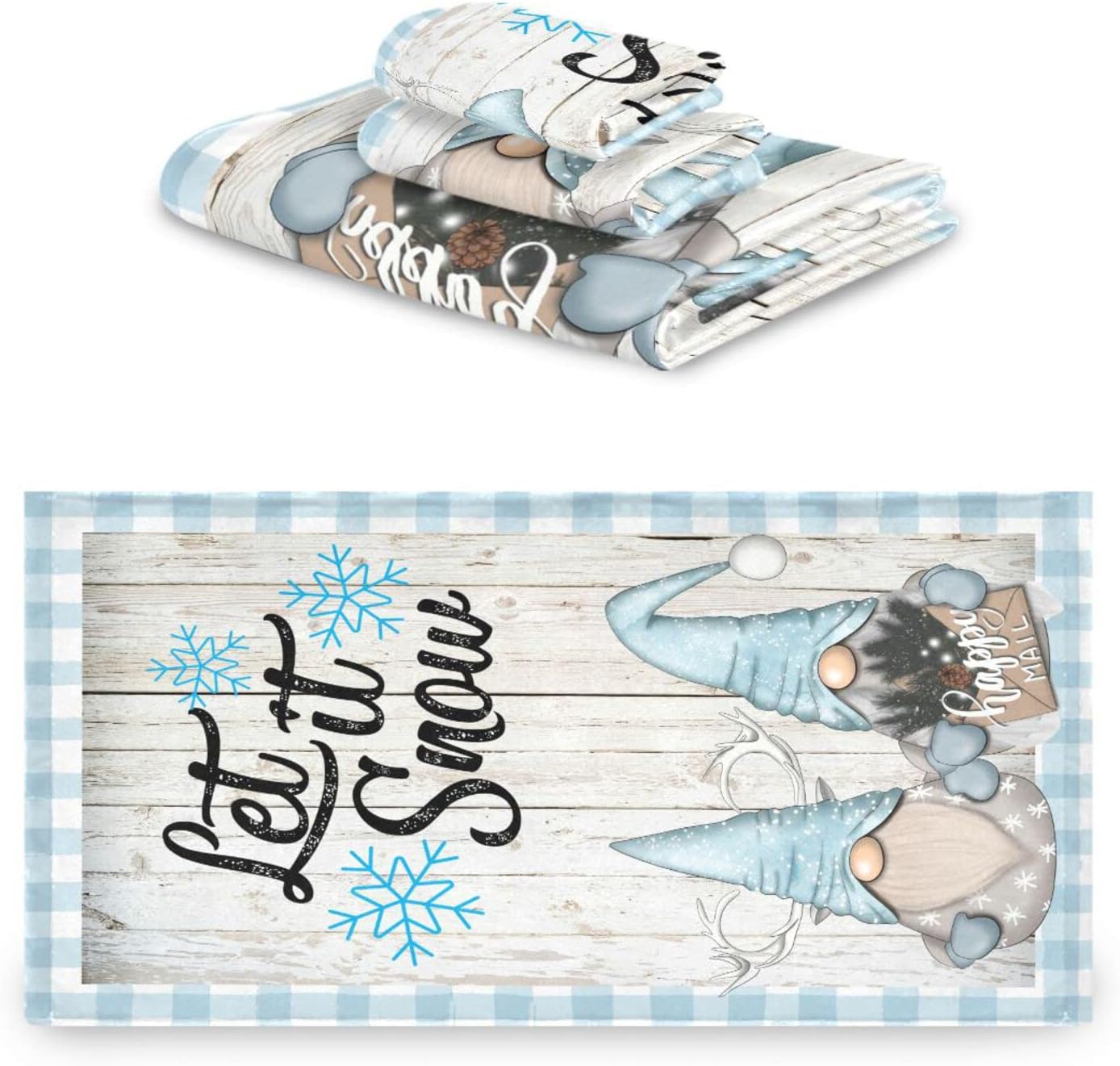 Pfrewn Winter Gnomes Let it Snow Towels Set of 3 Christmas Elf Blue Snowflakes Wooden Bathroom Towel Soft Absorbent Bath Hand Towels Washcloth Guest Towel Sets Xmas Holiday Bathroom Decorations