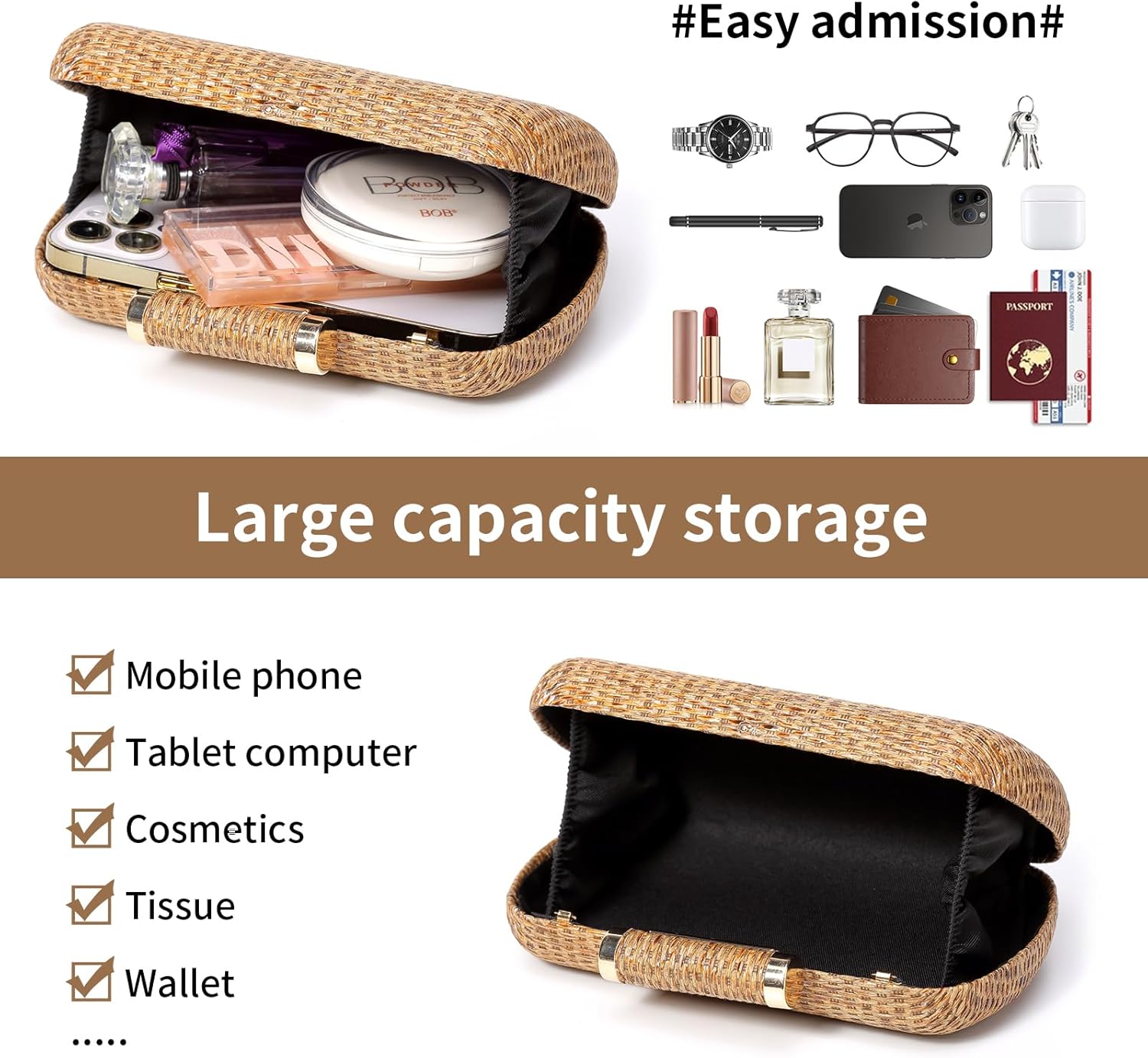 Straw Clutch Purse for Women, Hand-Woven Wicker Evening Handbag, Raffia Party Wedding Beach Bag for Summer - Image 4