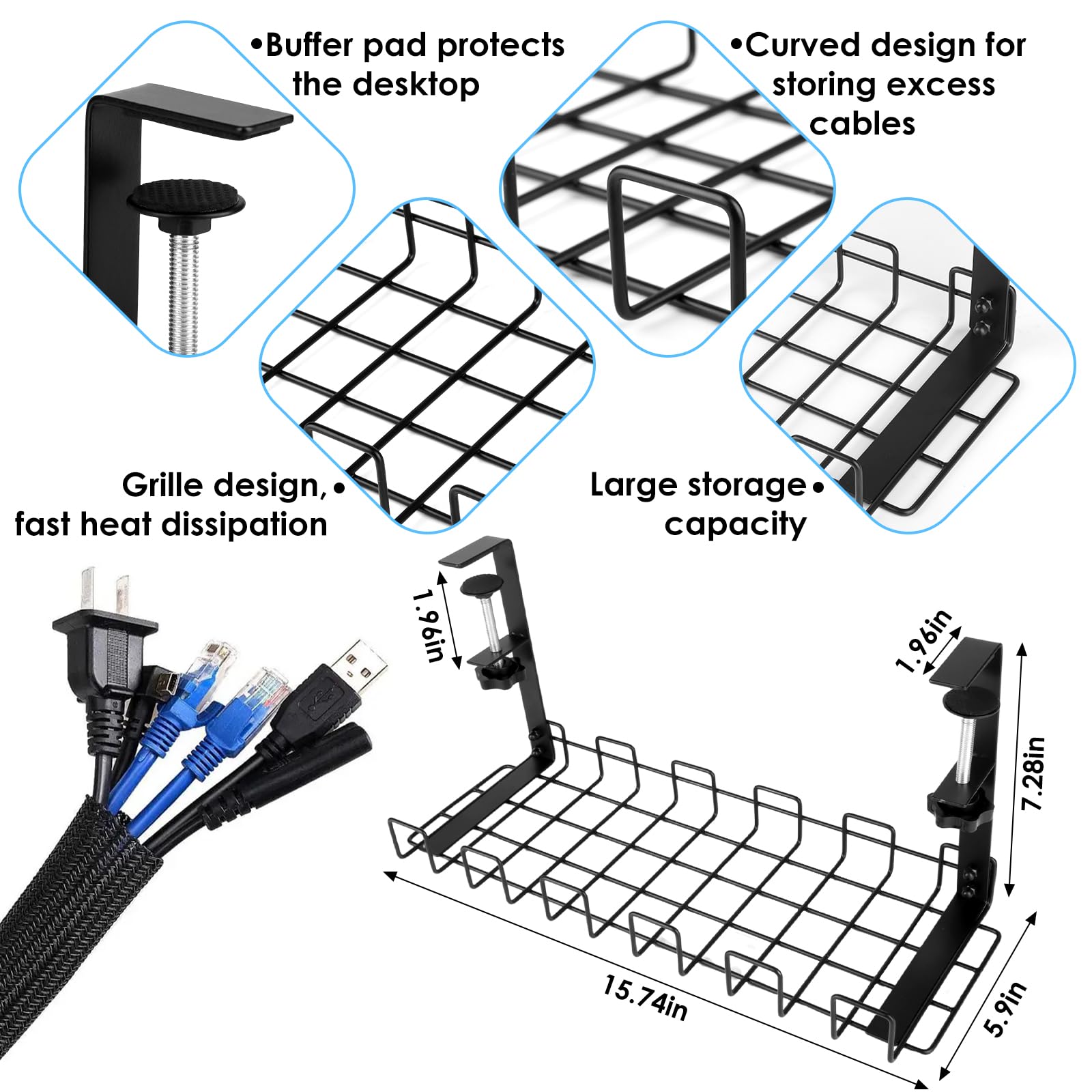 Vassoio Portacavi Sotto Scrivania - Organizzatore Cavi Per Scrivania Con Clip E Fascette, Nero - Foto 6
