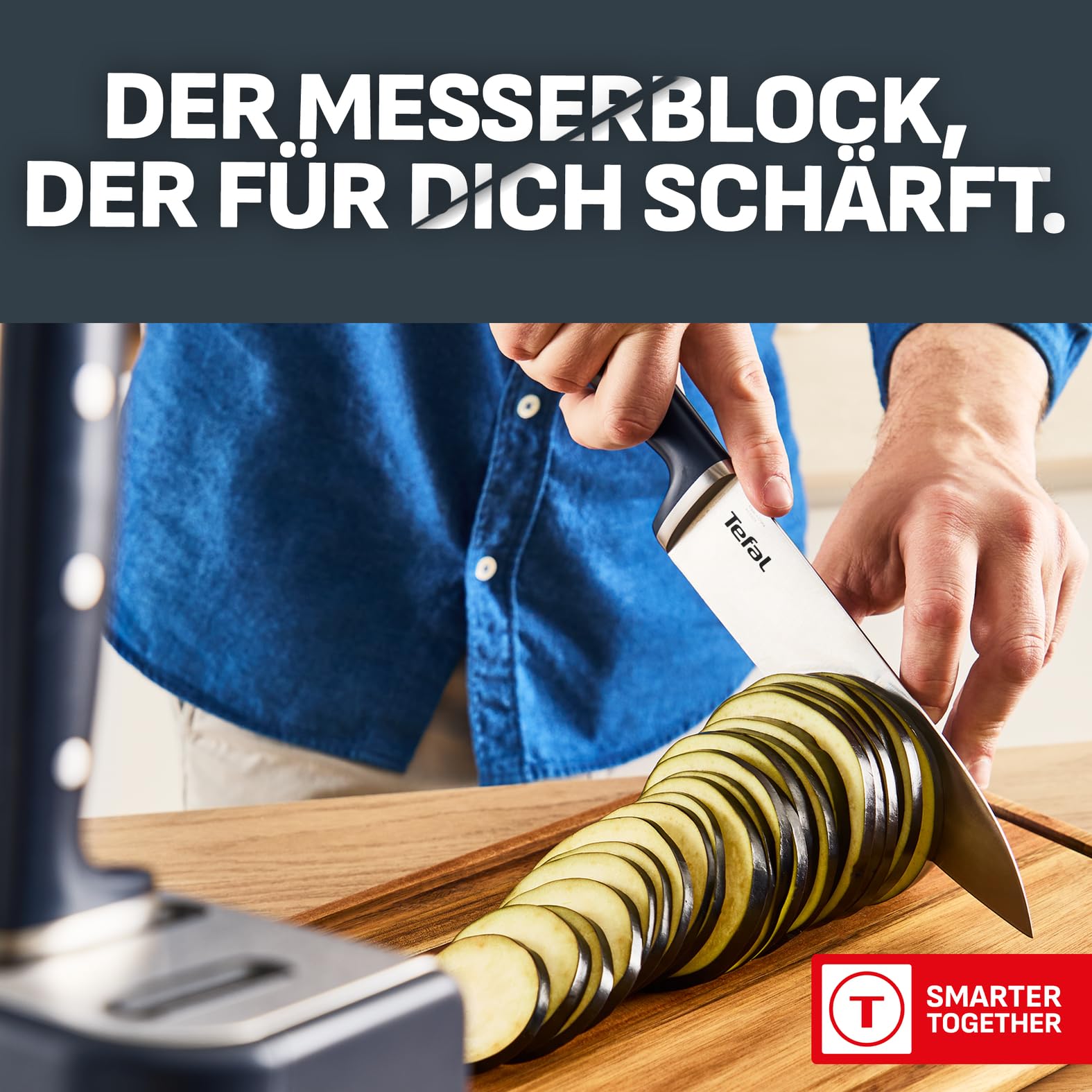 Tefal EverSharp Pro 6-teiliger Messerblock, patentierte Schärftechnologie, selbstschärfend, Verriegelungssystem, deutscher rostfreier Edelstahl, für Gemüse, Fleisch & Brot, Blau, K297S744