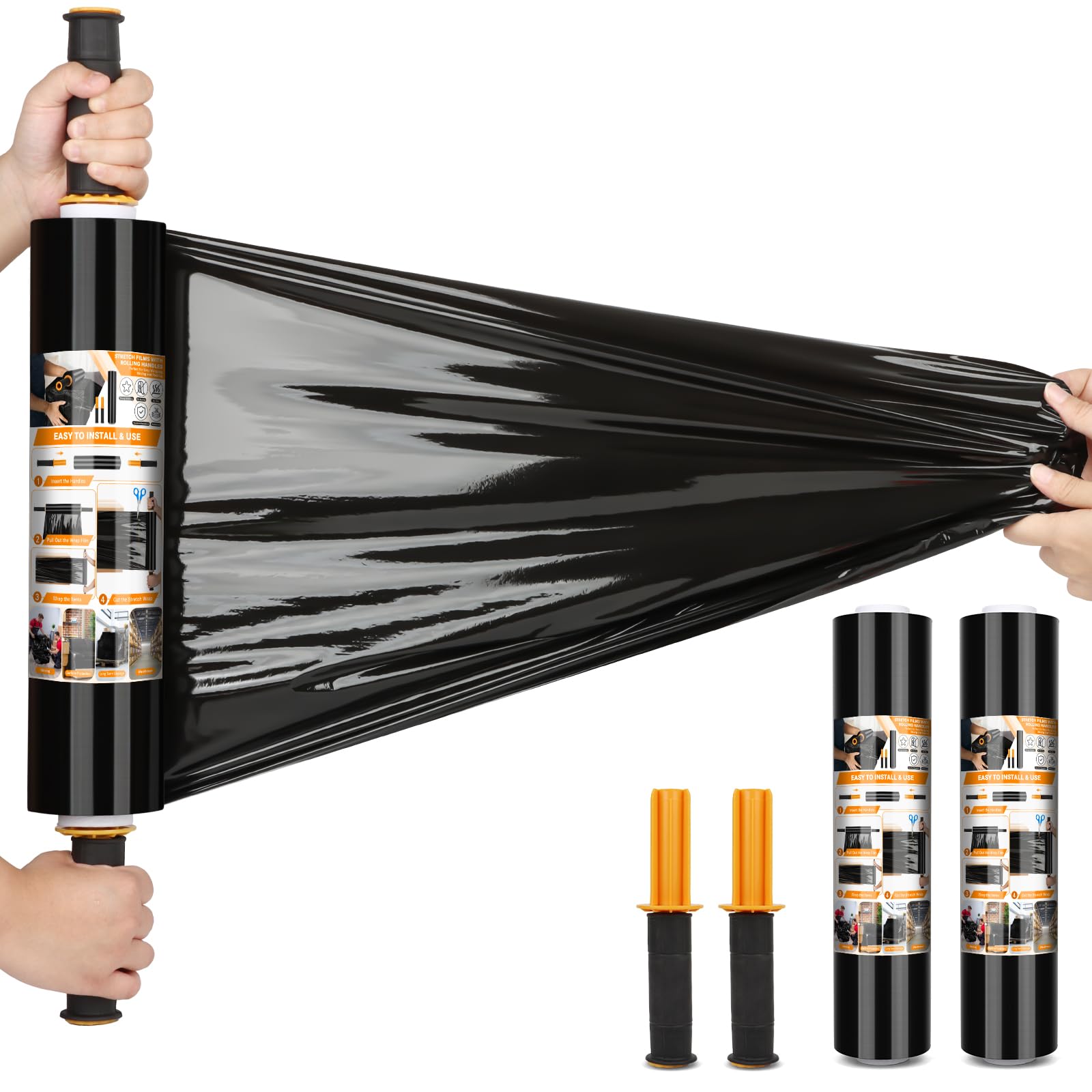 Film para Embala, 20 Micras Resistencia Industrial de Estiramiento Con Asas Rollos de Plastico Embalaje Film para Embalaje Industrial y Envoltura Mudanza(Negro/38cm x 300m, 2 Rollo)