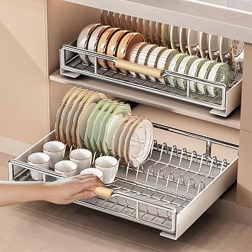 Pull Out Dish Racks Fixed,Dish Drying Rack with Drainboard & Adhesive Film,Heavy Duty Slide Out Pantry Drawers for Kitchen, Living Room