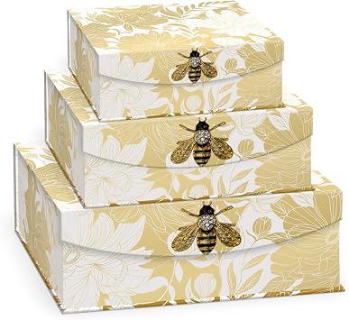 Punch Studio Golden Botanicals White Dahlias, Nested Trinket Box Set, With Bee Brooch 50432N