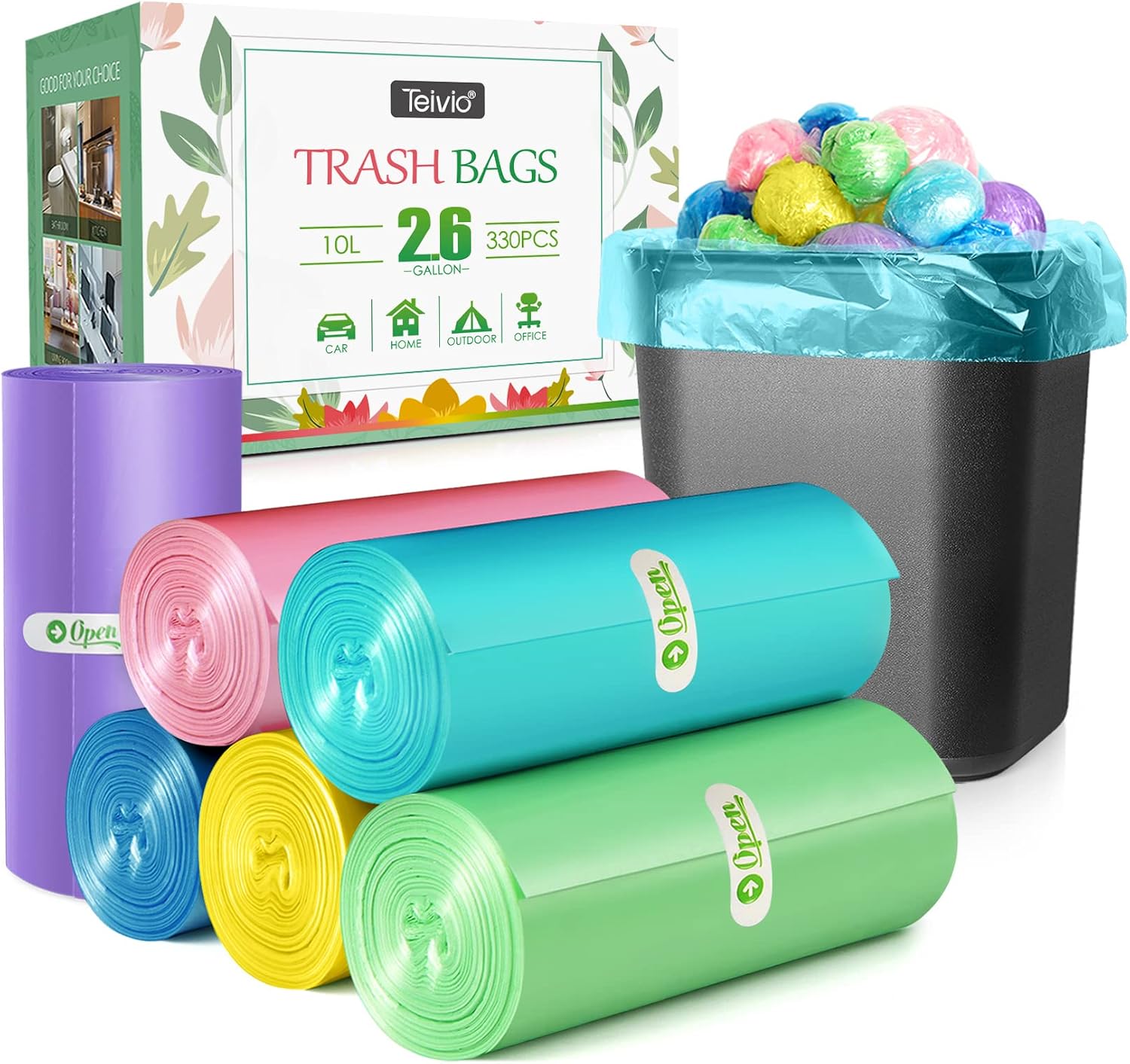 2.6 Gallon/330pcs Strong Trash Bags Colorful Clear Garbage Bags by Teivio, Bathroom Trash Can Bin Liners, Small Plastic Bags for home office kitchen,fit 10 Liter, 2,2.5,3 Gal, Multicolor