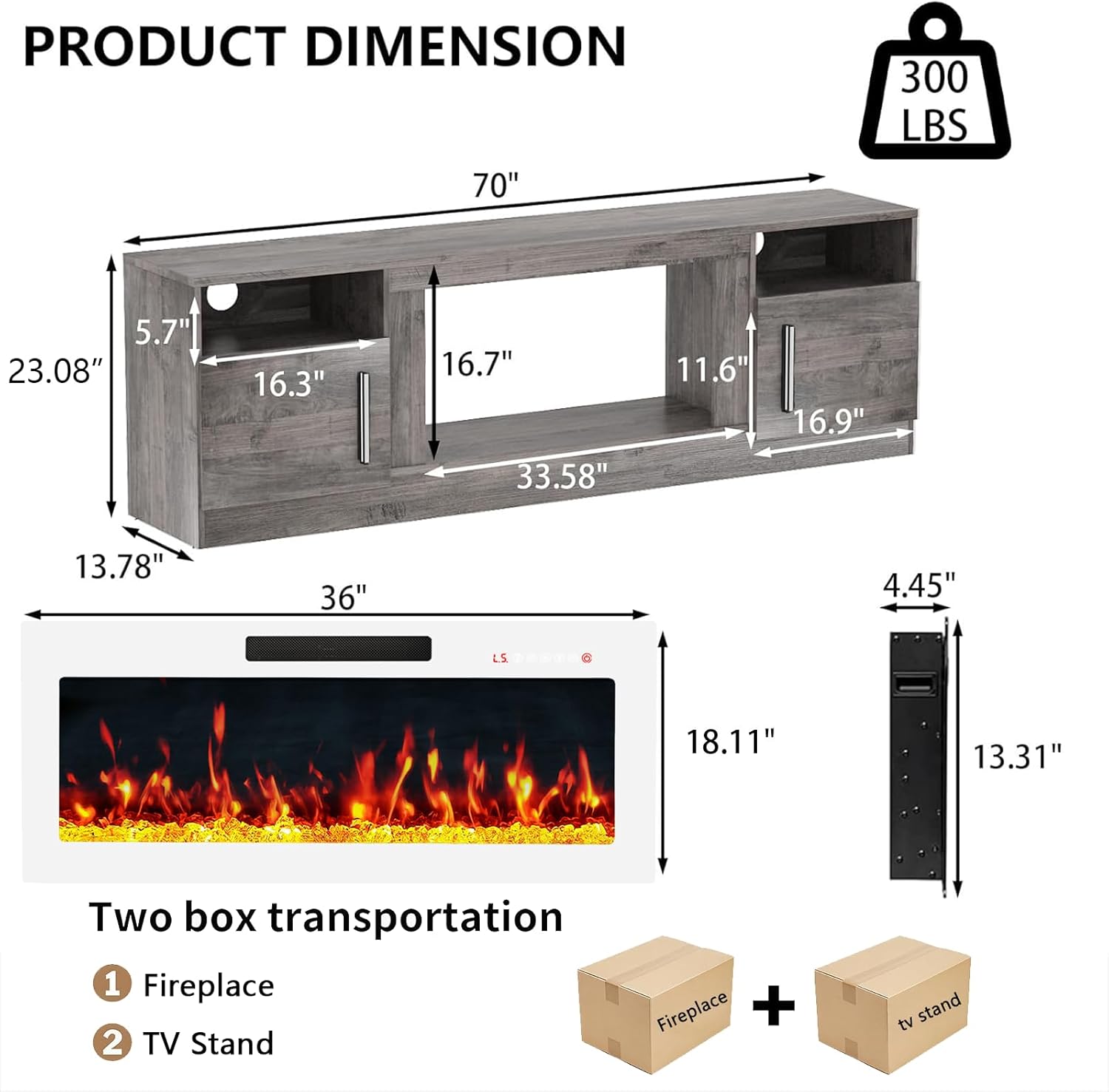 PRETZI Fireplace TV Stand with 36" Fireplace Up to 80" TVs, 70" Entertainment Center with LED Lights,Remote Control, TV Media Console with Storage Cabinets for Living Room,White+Grey thumbnail