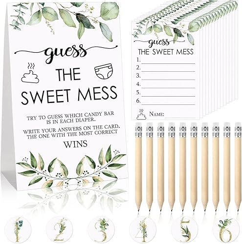 Juego de 67 piezas de Guess The Sweet Mess Baby Shower, juego de pañales sucios, incluye letrero de Adivina el dulce lío, 50 tarjetas pequeñas, 10