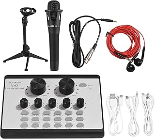 Moniss Kit de Microfone e Placa de Som ao Vivo V17 BT Mini Mixer de Som Multifuncional Mixer de Áudio para Mudança de Voz Conjunto de Microfone com Tripé para Telefone Computador Transmissão ao Vivo Jogo Gravação de Música Canto de Karaokê