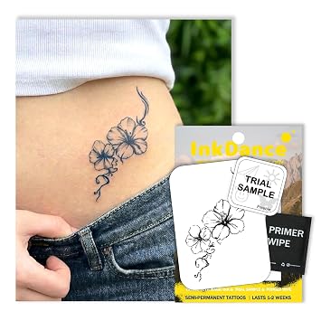Semi-Permanent Tattoo, Boho Tropical Hibiscus, Long Lasting Temporary Tattoos, Waterproof Plant-Based Ink, Lasts 1-2 Weeks, Color Develops in 24 Hours X213