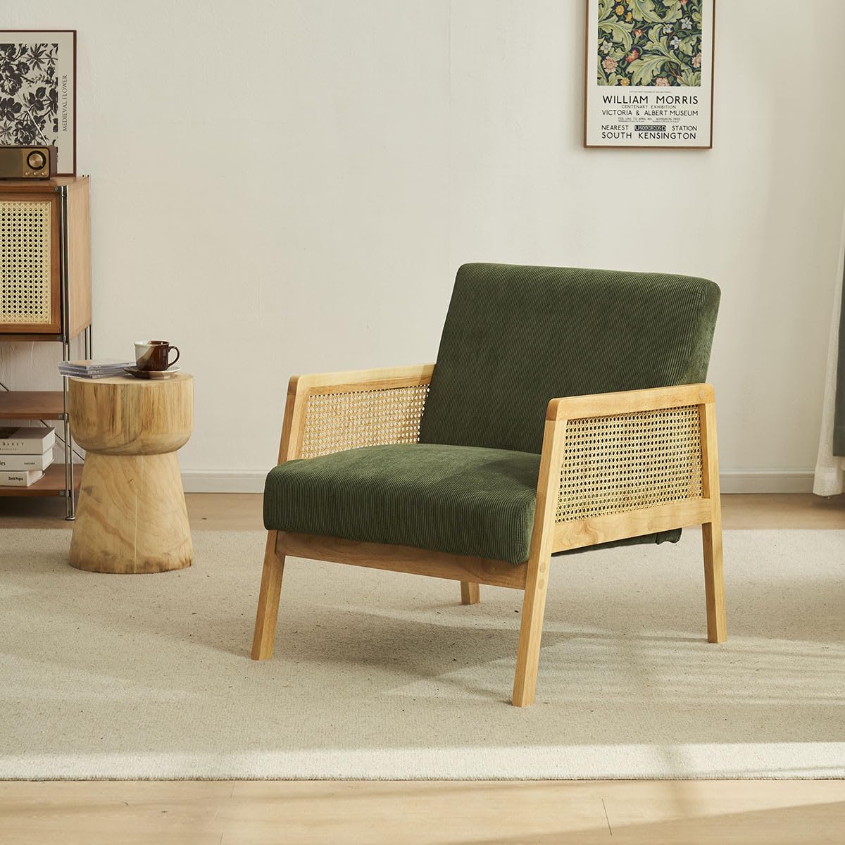HOMIFAB Fauteuil en cannage et Velours côtelé Vert Kaki - Mani