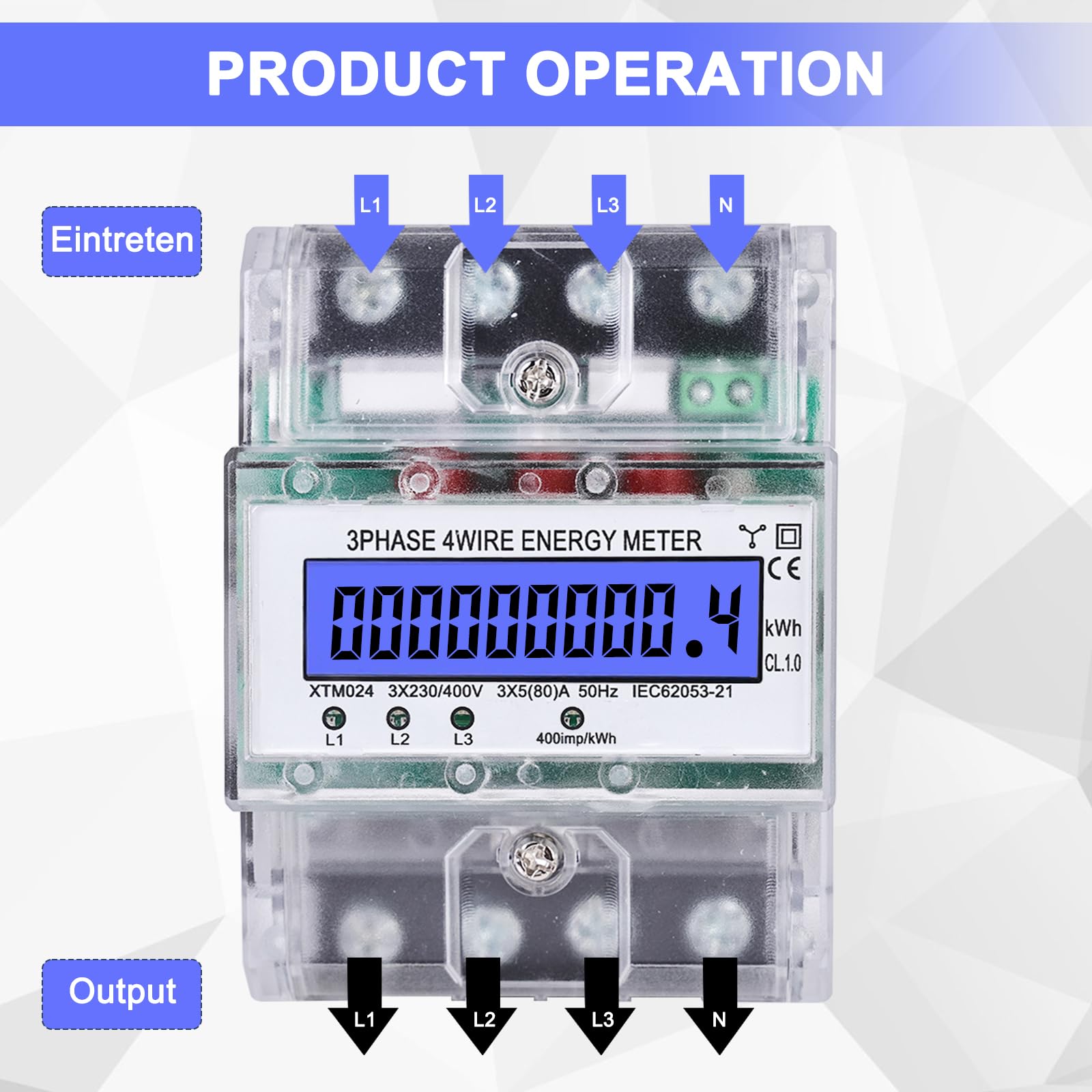 Cyfrowy licznik prądu – licznik prądu 3-fazowy, 4-przewodowy licznik elektryczności, 3 x 230/400 V 5 (80) A, miernik energii, skalibrowany licznik prądu do szyny montażowej DIN, licznik pośredni prądu