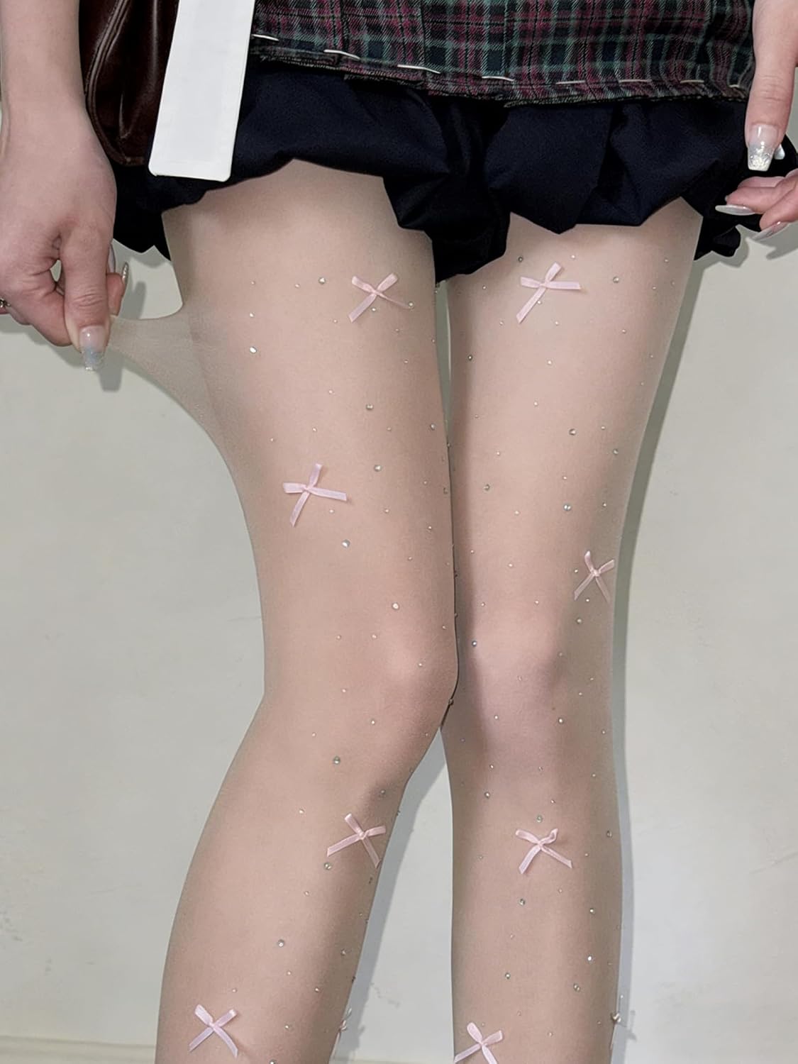 Sparkle Glitter Tights with Bow | White Rhinestone Pantyhose | Pink/Beige Bow | One Size for Lolita, Casual