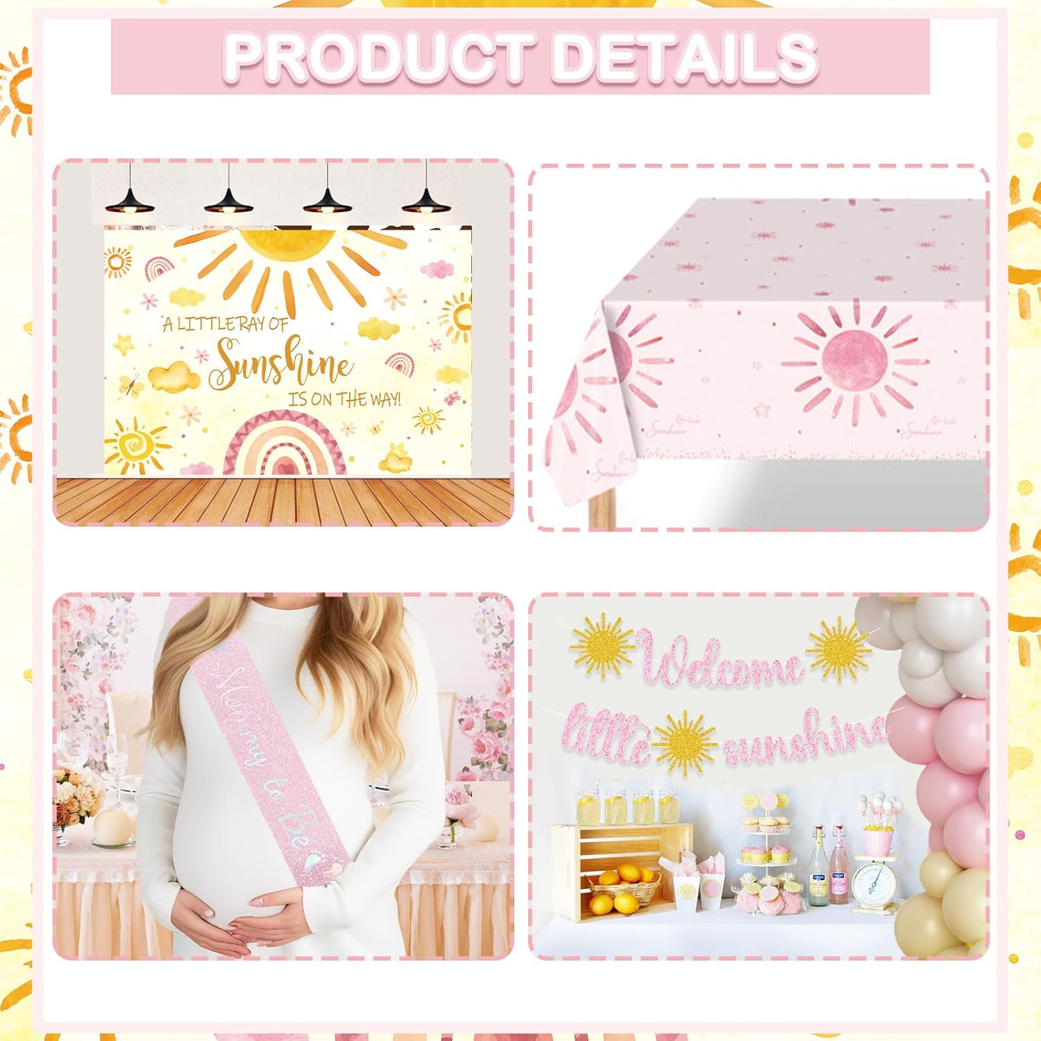 Sunshine Baby Shower Decorations Girl, A Little Ray of Sunshine Baby Shower Decorations Backdrop Balloon Garland Banner Tablecloth Cake Cupcake Topper Box Cutout Sash Sun Boho