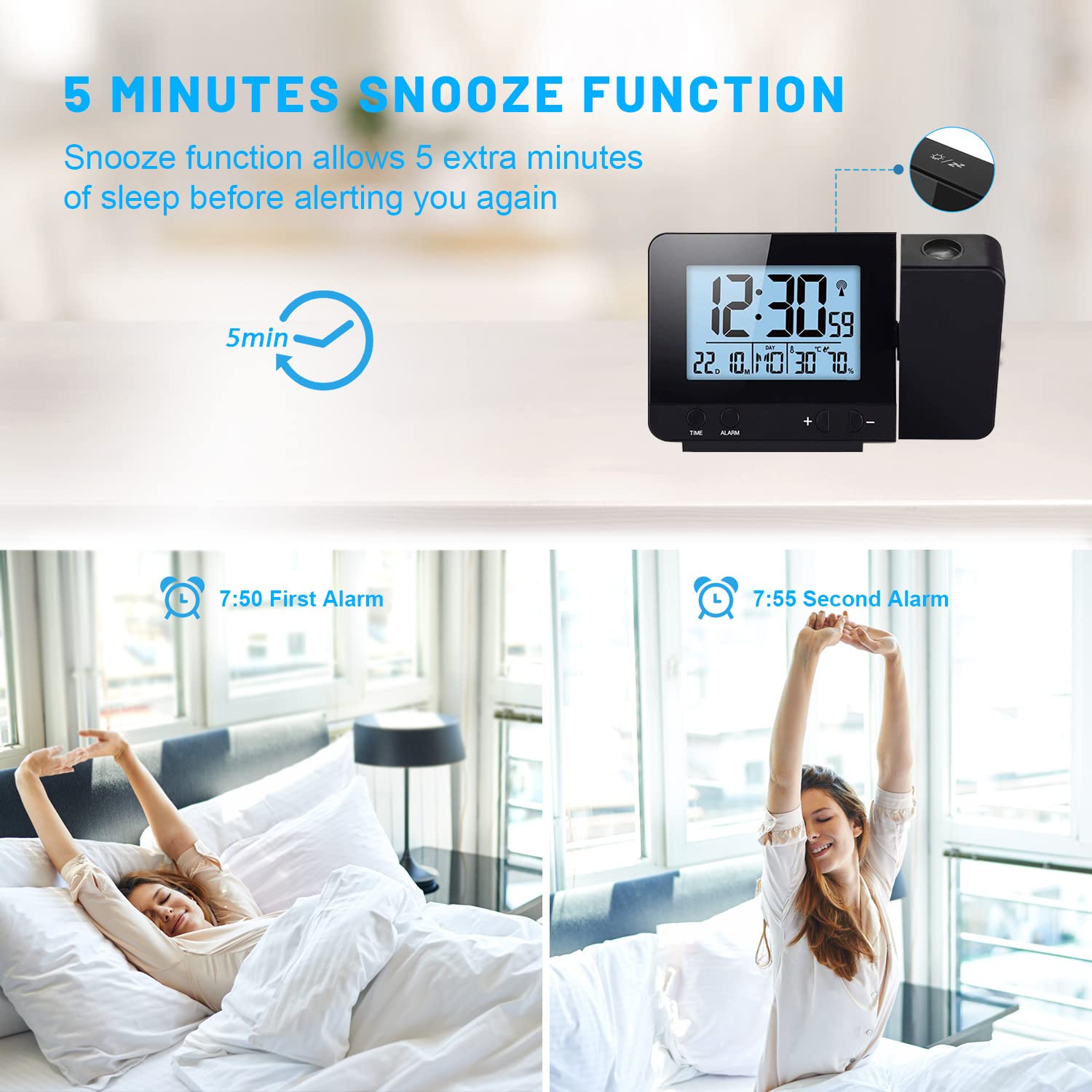 Deofde Sveglia con proiezione, Sveglia Digitale con Ampio Display LCD, Orologio Digitale con Doppio Allarme, Funzione Snooze, Timer di Standby, 12 / 24h, termometro Interno