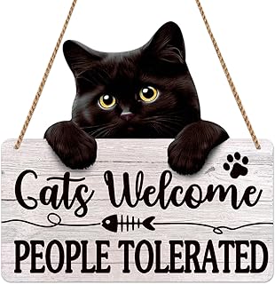D4DREAM Funny Welcome Sign Cats Welcome People Tolerated Door Sign Black Cat Hanging Wall Sign Cat Gifts for Cat Lovers Funny Cat Plaque for Pet Shop Home Wall Indoor Outdoor Farmhouse Decoration