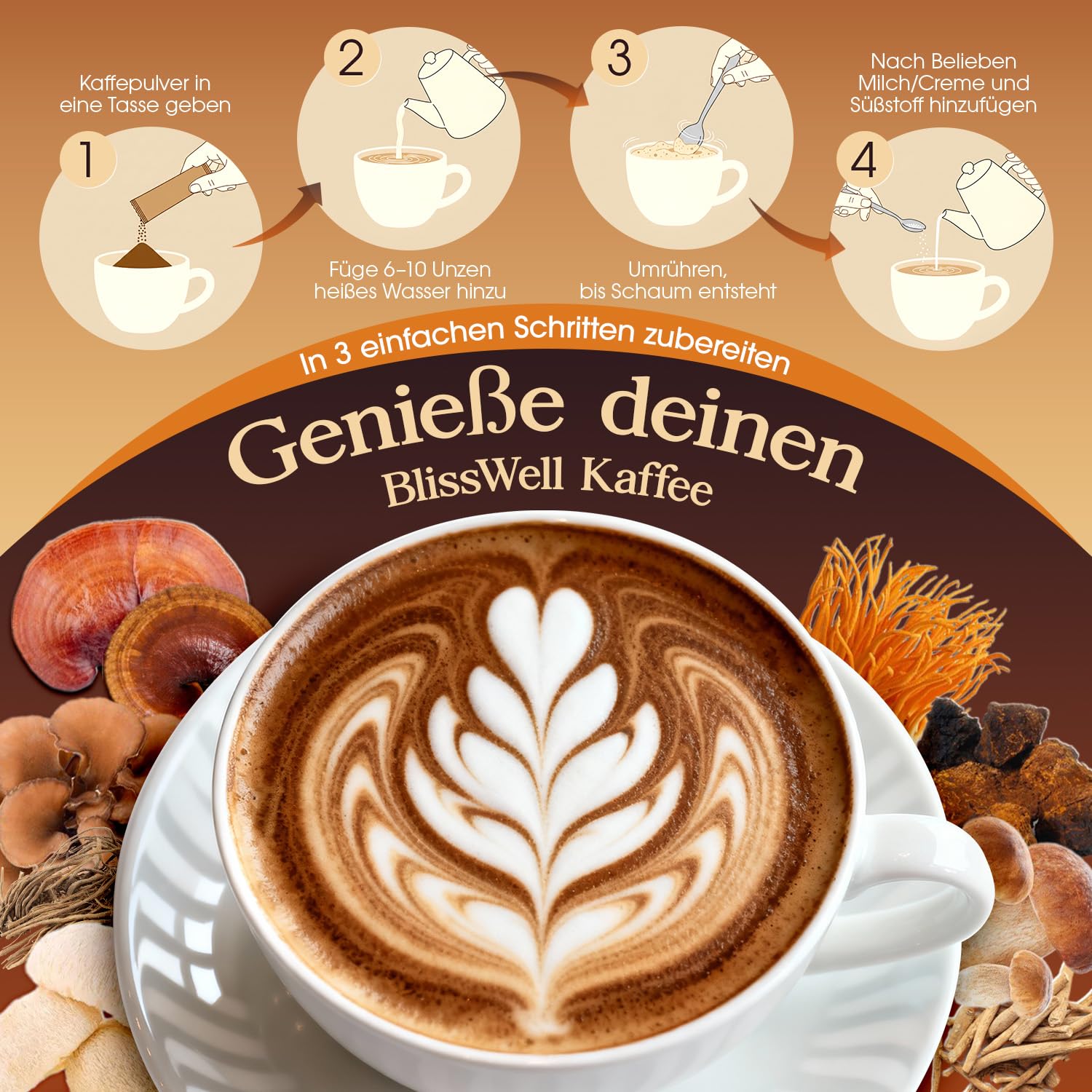 Pilzkaffee – Mushroom Coffee in 32 Einzeldosisbeuteln (192 g) | 7 Pilzextrakte + Ashwagandha, L-Theanin & Baldrian | 2250 mg Wirkstoffkomplex pro Portion (Schokolade)
