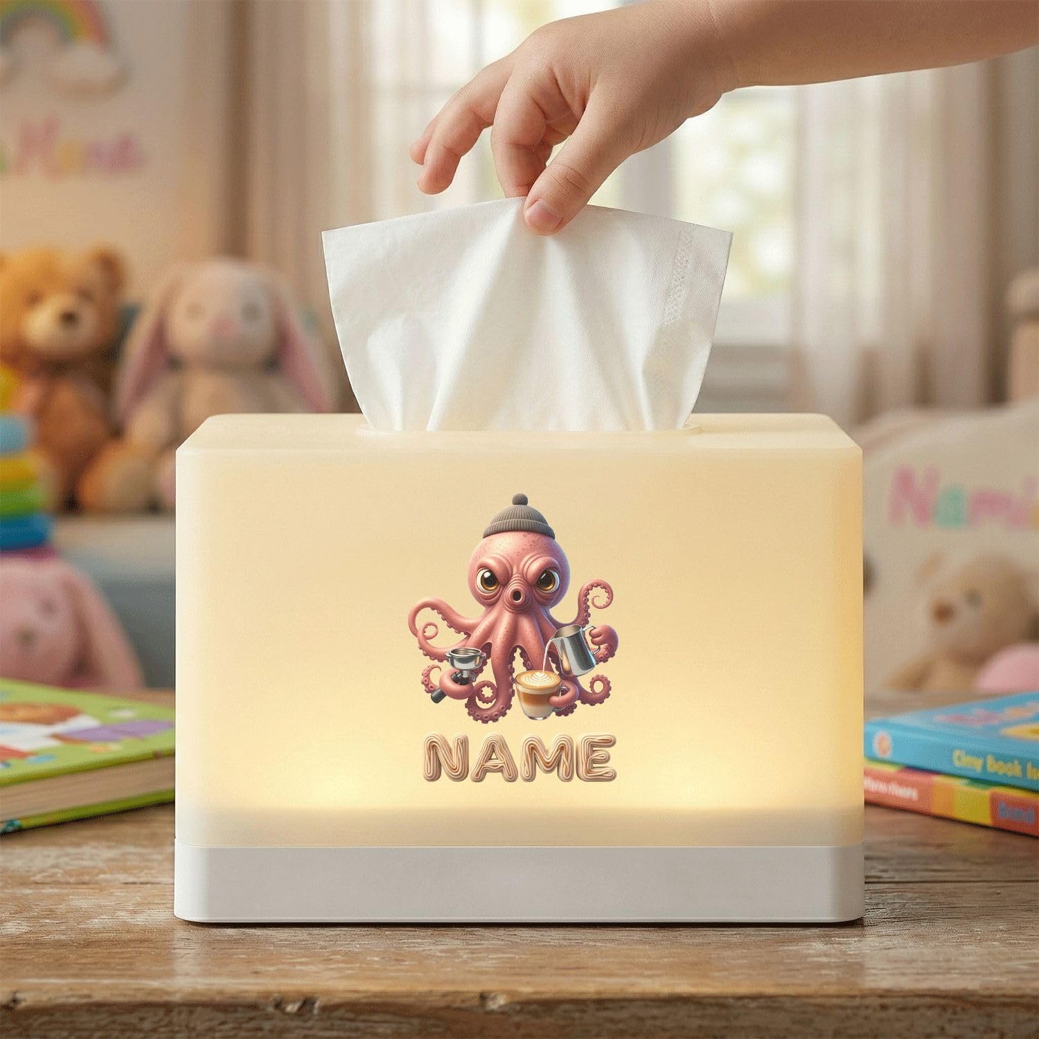 Personalized Octopus Tissue Box Cover with LED Night Light, Rechargeable Ambient Lamp for Kids Bedroom Nursery Decor, Custom Name Desk Accessory image 5