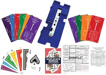Duplicate Bridge Kit for up to 16 Players - 32 duplicate boards, 36 decks of bridge sized playing cards, traveling score sheets, movement cards, convention cards, and instructional textbook