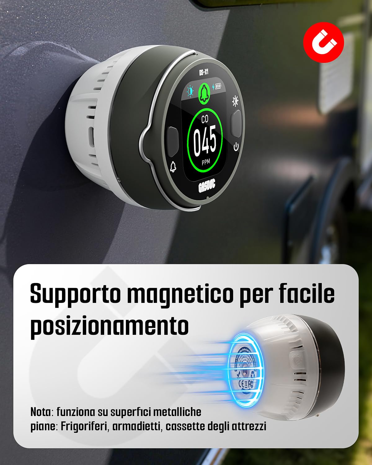 GasDoc DS-X1 Rilevatore Portatile di Monossido di Carbonio con Luce Ambientale, Rilevatore CO con Magnetico e Gancio, Monitor CO da Viaggio con Allarme Sonoro e Visivo per Campeggio, Camper e Auto
